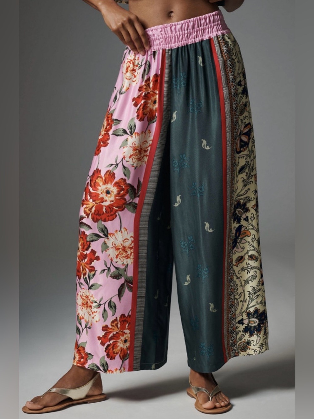 Anthropologie Pink Multi Floral Patchwork Wide-Leg Pants
